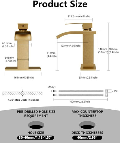 Waterfall Bathroom Faucet 1 Hole, Single Hole Bathroom Faucet, Single Handle Vanity Sink Faucet with Deck Plate, Pop-up Drain & Supply Lines, Gold