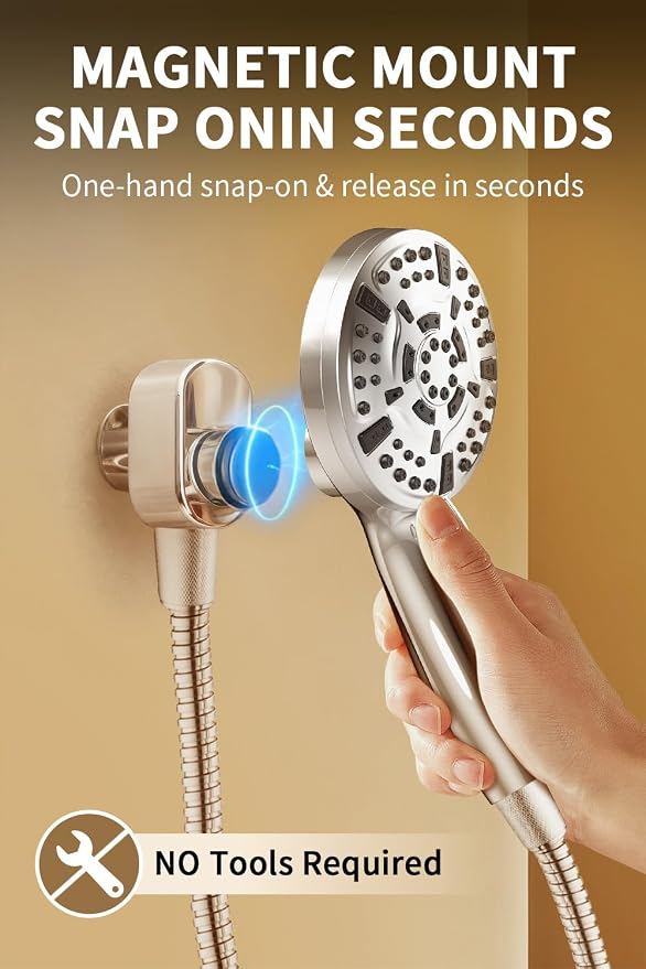 Magnetic Shower Head with Handheld - 10 Spray Modes High Pressure Filtered Showerhead, Detachable Magnetic Mount, Built-in WaterFilter, Extra Cleaning Nozzle, Chrome