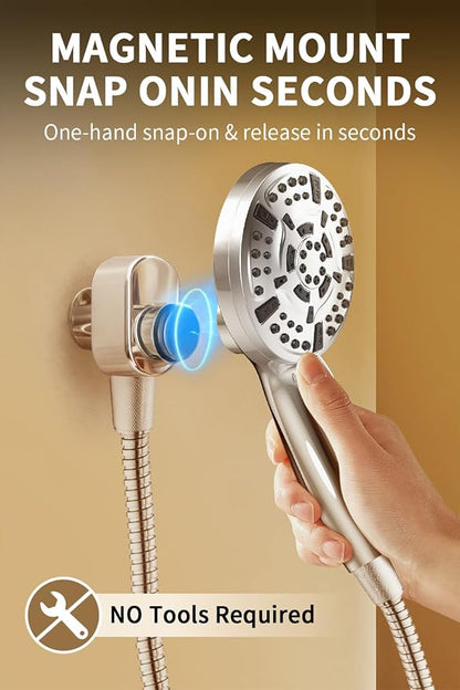 Magnetic Shower Head with Handheld - 10 Spray Modes High Pressure Filtered Showerhead, Detachable Magnetic Mount, Built-in WaterFilter, Extra Cleaning Nozzle, Chrome