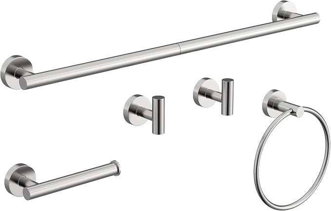 Brushed Nickel Bathroom Hardware Accessories Set 5 Pcs | SUS304 Stainless Steel 26 Inch Hand Towel Bar Toilet Paper Holder Towel Ring Robe Towel Hooks Wall Mounted by HOMEMYSTIQUE