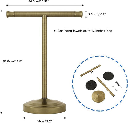 RUMOSE Antique Brass Hand Towel Holder Stand Countertop Towel Rack | 13 Inch Bathroom Kitchen Vanity T-Shape Towel Stand Free Standing Stainless Steel Towel Bar Towel Ring