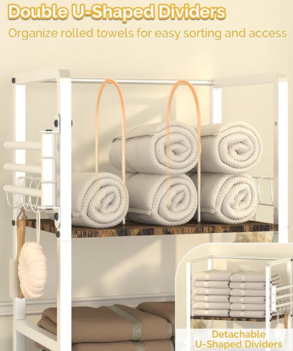 Mondazie Towel Racks for Bathroom Storage Shelves Free Standing, White | 3-Tier Bathroom Towel Rack with 3 Rotating Bars, Pool Towel Holder Stand with Detachable Dividers & 8 Hooks for Poolside