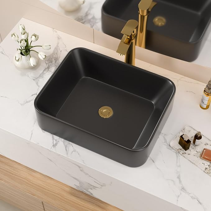19x15 Black Topmount Vessel Bathroom Sink | black drop in dtopin top mount over counter rectangle bathroom sink