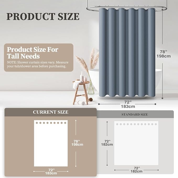 72x78 Linen Textured Waterproof Fabric Shower Curtain Set, Blue Gray | Long Size, 230GSM Polyester, Heavy Duty Cloth, Weighted Hem, 12 Plastic Hooks, Modern Luxury Hotel Style, Machine Washable