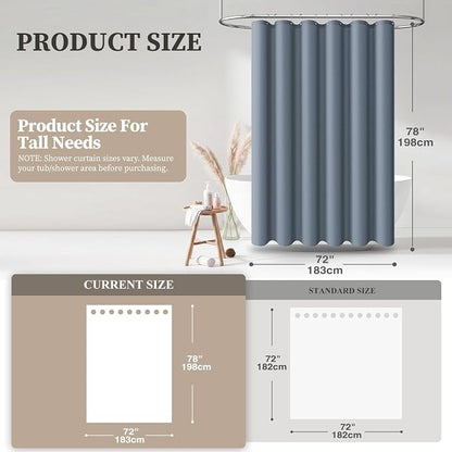 72x78 Linen Textured Waterproof Fabric Shower Curtain Set, Blue Gray | Long Size, 230GSM Polyester, Heavy Duty Cloth, Weighted Hem, 12 Plastic Hooks, Modern Luxury Hotel Style, Machine Washable