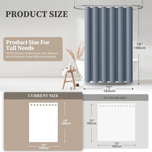 72x78 Linen Textured Waterproof Fabric Shower Curtain Set, Blue Gray | Long Size, 230GSM Polyester, Heavy Duty Cloth, Weighted Hem, 12 Plastic Hooks, Modern Luxury Hotel Style, Machine Washable
