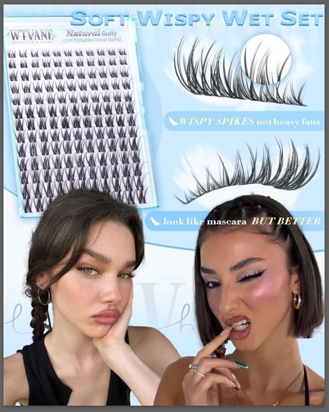 Wispy Lash Clusters Natural Eyelash Clusters 8-16mm Cluster Eyelash Extensions CD Curl Individual Wispy Lashes Clusters with Wet Spikes Clear Band Lash Extensions for Natural Look