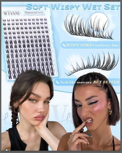 Wispy Lash Clusters Natural Eyelash Clusters 8-16mm Cluster Eyelash Extensions CD Curl Individual Wispy Lashes Clusters with Wet Spikes Clear Band Lash Extensions for Natural Look