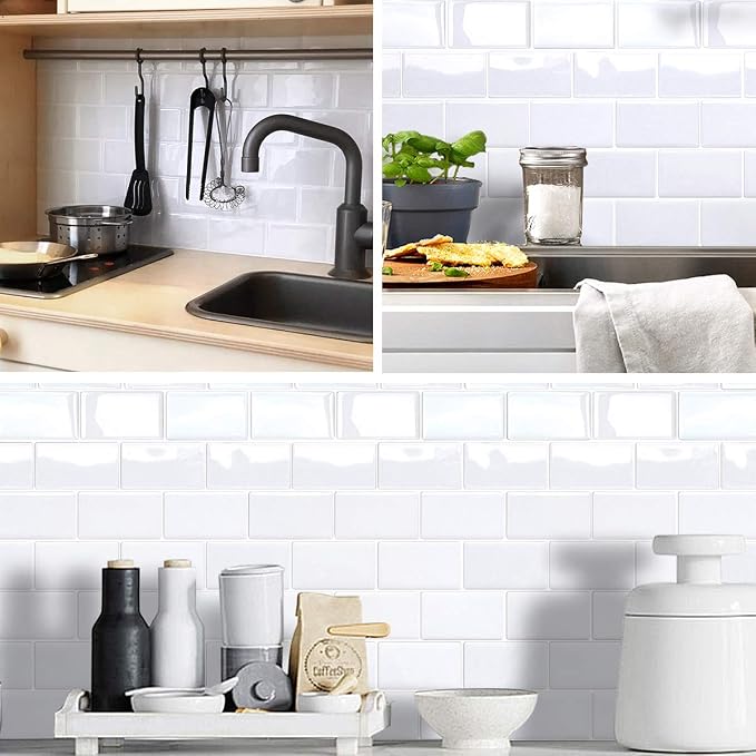 Peel and Stick Backsplash for Kitchen: Self Adhesive Wall Tiles for Bathroom - Vinyl Thick Back Splash Tile (10, White)