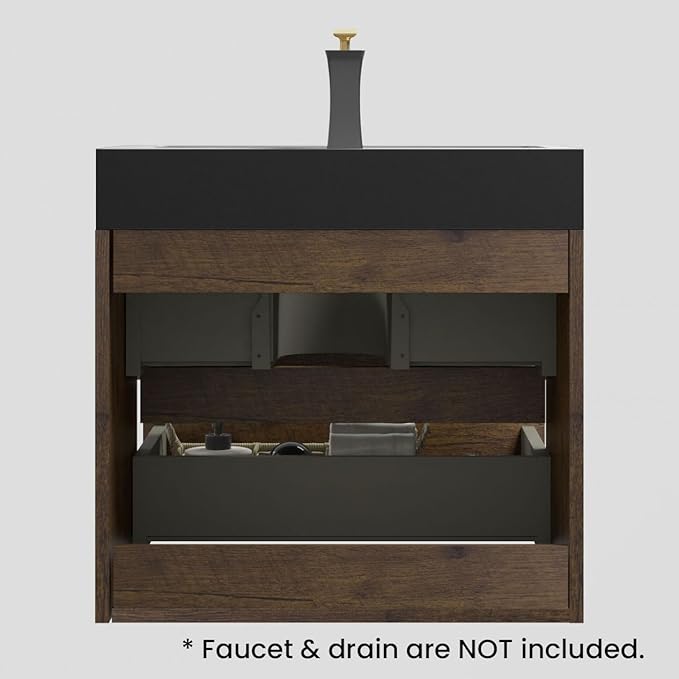 24" Floating Bathroom Vanity with Black Sink, Modern Bathroom Cabinet with Top and Soft Close Drawers, Spacious Storage for Small Space, Walnut - Lavanda Collection