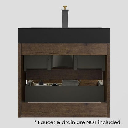 24" Floating Bathroom Vanity with Black Sink, Modern Bathroom Cabinet with Top and Soft Close Drawers, Spacious Storage for Small Space, Walnut - Lavanda Collection