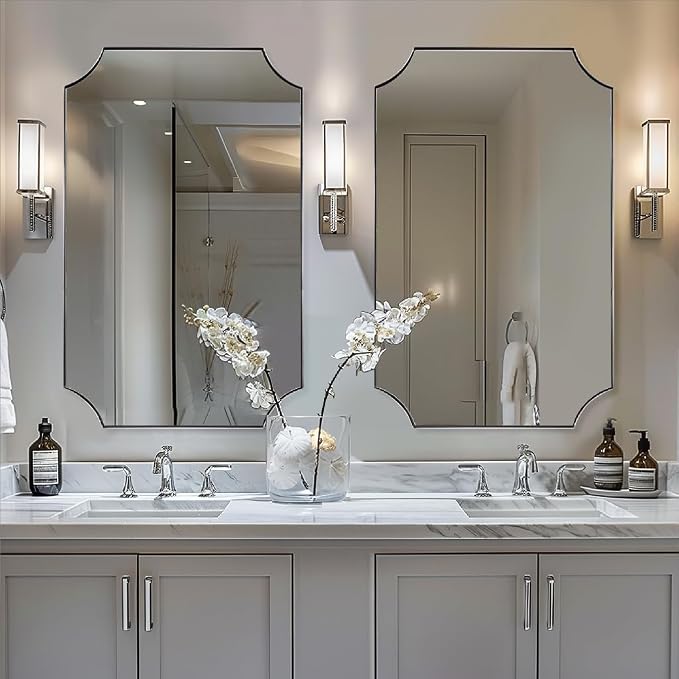 24x36 Inch Chrome Mirror, Scalloped Bathroom Mirror, Polished Chrome Framed Mirror in Anti-Rust Stainless Steel Metal Thin Frame Deep 1’’, Unique Scalloped Edge Design