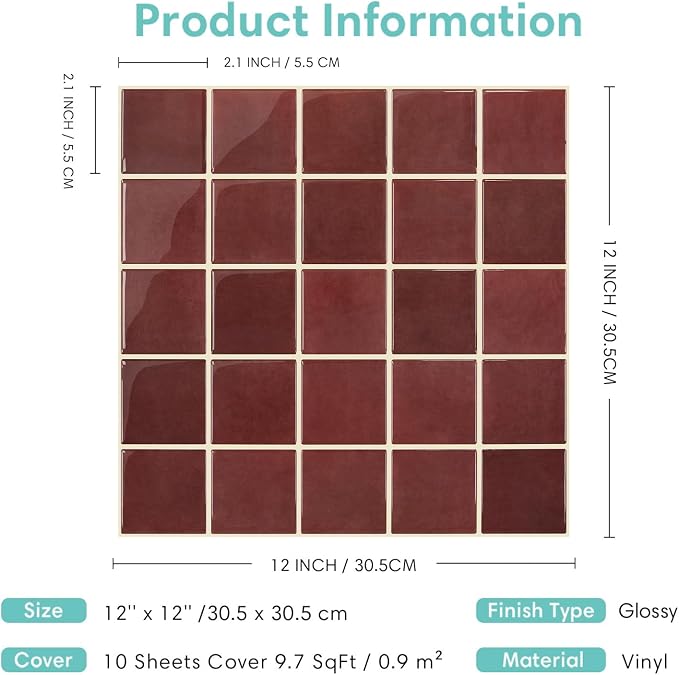 Commomy Thicker Red Peel and Stick Tiles - 10 pcs of 12" x 12" | 3D Adhesive Square Peel and Stick Tiles Backsplash for Kitchen, Bathroom, Removable, Waterproof, Vinyl Wall Tile