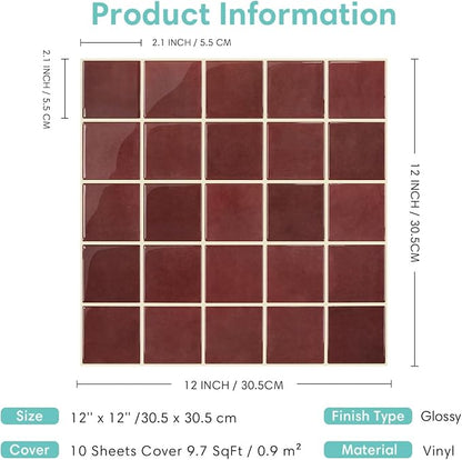 Commomy Thicker Red Peel and Stick Tiles - 10 pcs of 12" x 12" | 3D Adhesive Square Peel and Stick Tiles Backsplash for Kitchen, Bathroom, Removable, Waterproof, Vinyl Wall Tile