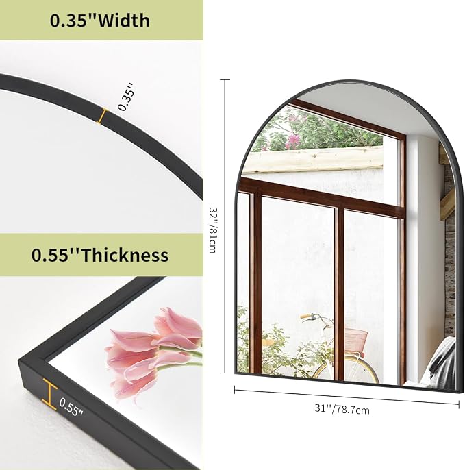 BEAUTYPEAK 31"x32" Arch Bathroom Wall Mirror, Black | Wall Mounted Vanity Metal Frame Mirror for Bedroom, Entryway, Living Room, Fireplace
