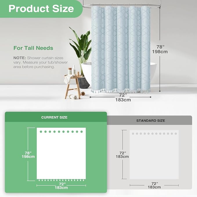 Long Boho Farmhouse Shower Curtain Tufted Geometric 72x78 Fog Blue | 78 Inch Tall, Elegant Tassel, Lightweight Textured Fabric, Water Repellent, Washable, Hotel Spa, for Bathroom/Dorm 12 Hooks