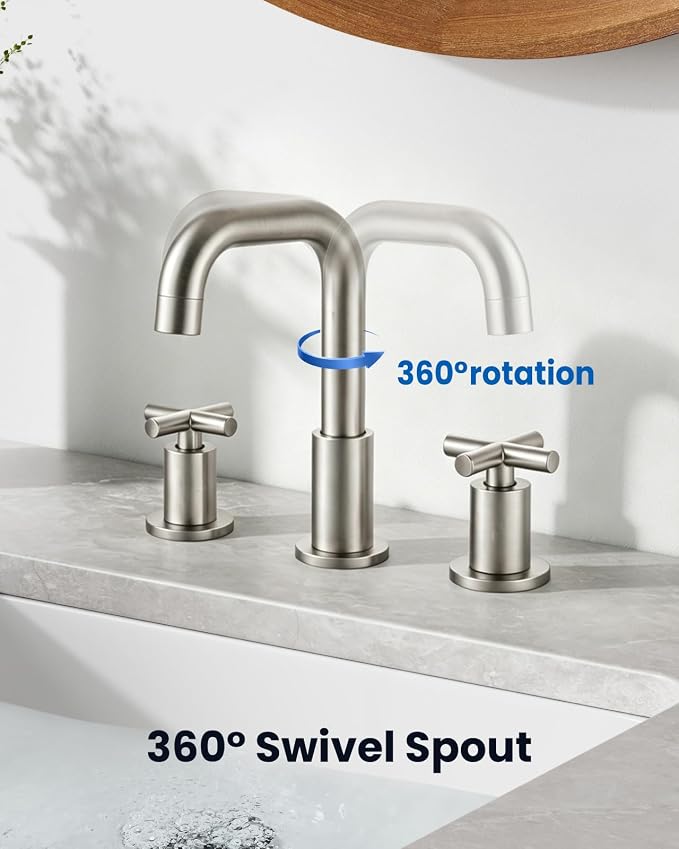 gotonovo Widespread 8 inch 3 Hole Bathroom Sink Faucet Brushed Nickel | 2 Cross Handle Bathroom Faucet,SUS304,360° Swivel Spout,24’’ cUPC Hose,Pop Up Drain,6-16’’ Vanity,Sink,Lavatory,Basin,RV