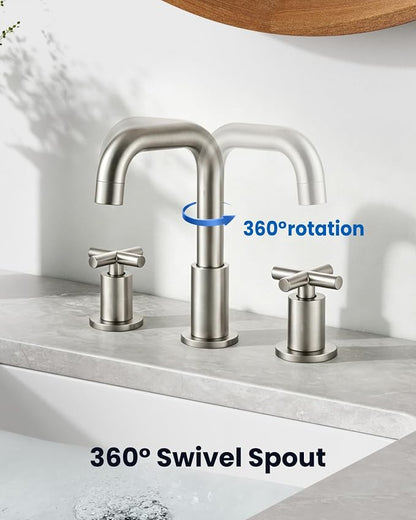 gotonovo Widespread 8 inch 3 Hole Bathroom Sink Faucet Brushed Nickel | 2 Cross Handle Bathroom Faucet,SUS304,360° Swivel Spout,24’’ cUPC Hose,Pop Up Drain,6-16’’ Vanity,Sink,Lavatory,Basin,RV