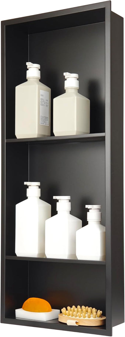 30 x 12 Inch Shower Niche, Matte Black Stainless Steel Recessed Wall Niche, No Tile Needed Built-in Shower Shelf, 3-Tier Bathroom Storage Organizer, Waterproof Rustproof