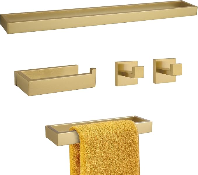 Brushed Gold 5-Pieces Bathroom Hardware Set Towel Bar Set,Stainless Steel Bathroom Hardware 23.6 Inch Towel Bar Towel Holder Set Wall-Mounted