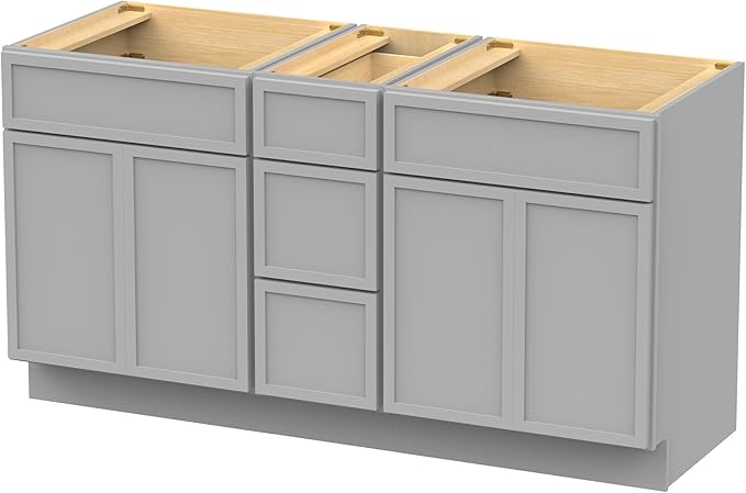 HomeBeyond 60 Inches Bathroom Vanity Base Cabinet Without Sink, Double Sink Top Sturdy Floor Mounted Cabinet with Door & Soft Closing Drawers,Grey, VA4124-2+VA4112-3