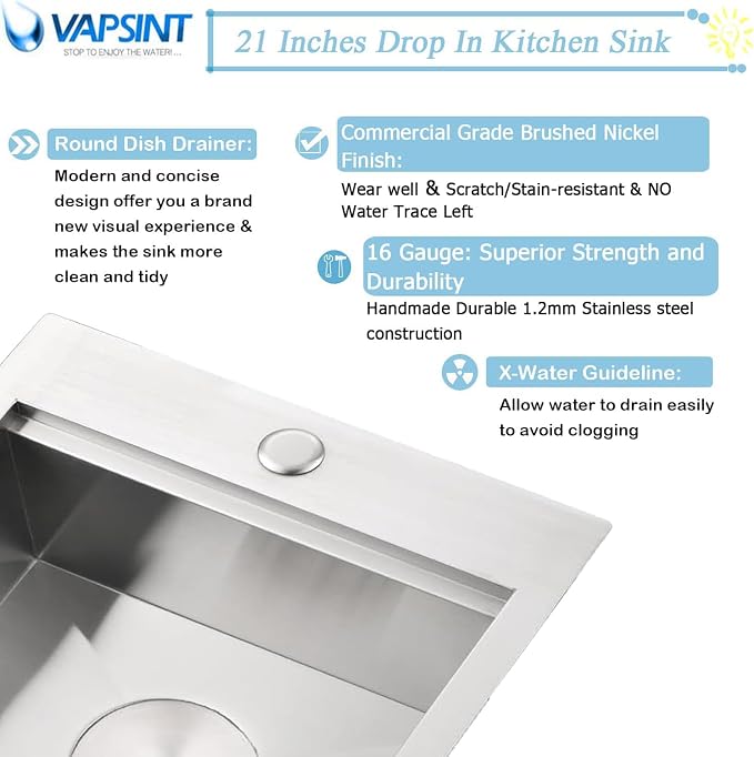 VAPSINT 21x20 Inch Drop In Kitchen Sink Workstation, 21 Inch Topmount Kitchen & Bar Sink 16 Gauge Stainless Steel Handmade Single Bowl Small Kitchen Sinks for RV Wet Prep with Accessories