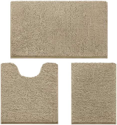 HOMEIDEAS Taupe Chenille Bathroom Rugs Set of 3, Non Slip Bath Mat