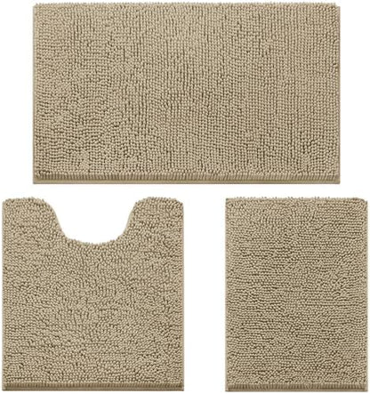 HOMEIDEAS Taupe Chenille Bathroom Rugs Set of 3, Non Slip Bath Mat