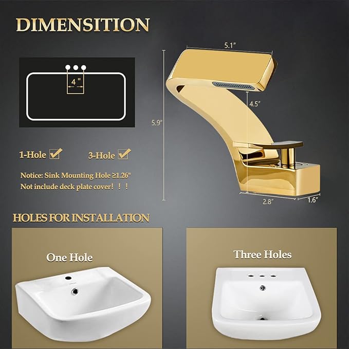 becola Single Hole Bathroom Sink Faucet, Single Handle Hot and Cold Water Mixer Tap, Lavatory Vanity Sink Faucet Including Two US Standard 3/8" Hoses-(Gold)
