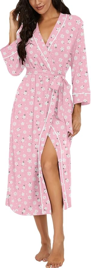 PrinStory Robes for Women 3/4 Sleeve Long Bath Robe XS-4XL | V-Neck Knit Bathrobe with Pockets, Lightweight, Soft, Breathable Robes for Shower, Spa, Travel, Home, Party, Nursing