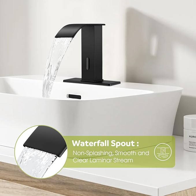 Automatic Motion Sensor Faucet with Waterfall Spout,Stainless Steel Sink Faucet with Hole Cover Plate (Regular, Black)
