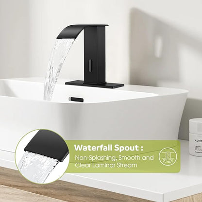 Automatic Motion Sensor Faucet with Waterfall Spout,Stainless Steel Sink Faucet with Hole Cover Plate (Regular, Black)