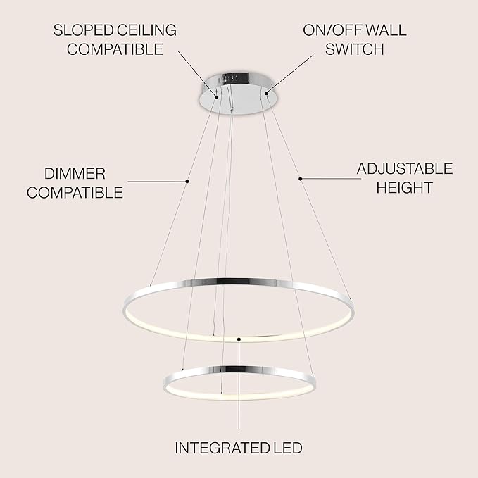 JONATHAN Y 15.75" Chrome 2-Light Modern Integrated LED Pendant Light, Dimmable Round Hoop Chandelier for Kitchen Island, Dining Room, Adjustable Height Metal Hanging Light (JYL7204C)