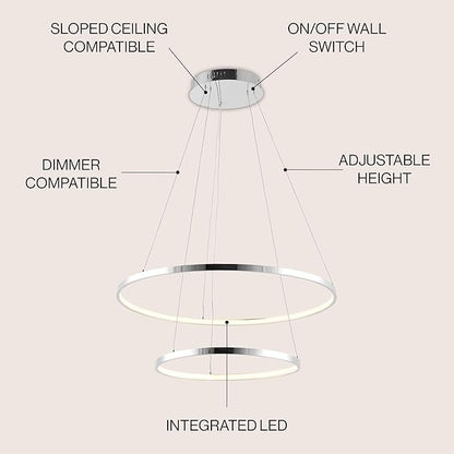JONATHAN Y 15.75" Chrome 2-Light Modern Integrated LED Pendant Light, Dimmable Round Hoop Chandelier for Kitchen Island, Dining Room, Adjustable Height Metal Hanging Light (JYL7204C)