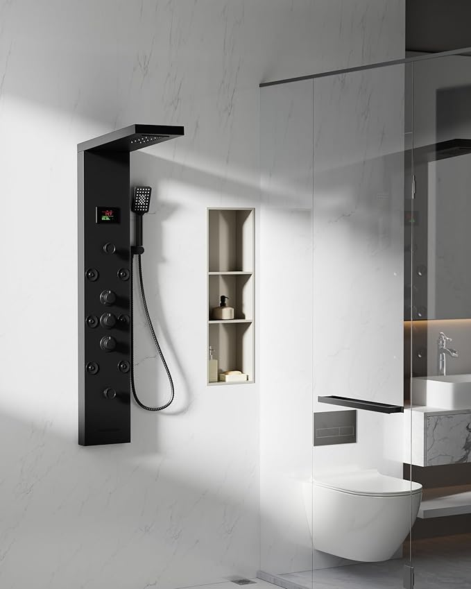 Homevacious 5 In 1 Shower Panel Tower System LED Rain Waterfall Shower Head and Adjustable Massage Body Jets 3 Settings Handheld Head and Tub Spout Stainless Steel Bathroom Panel Matte Black