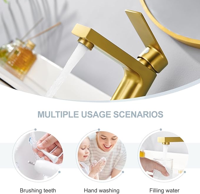 Gold Bathroom Faucet 1 Hole, Single Handle Bathroom Vanity Sink Faucet with Deck Plate & Metal Pop-Up Drain & Supply Lines, Gold Brushed Finish