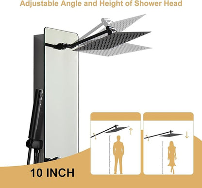 Shower Panel Tower System with Adjustable Rainfall Head Handheld Shower 2-Setting Body Jets and Tub Spout Multifunction Shower Panel, Brushed Stainless Steel and Glass