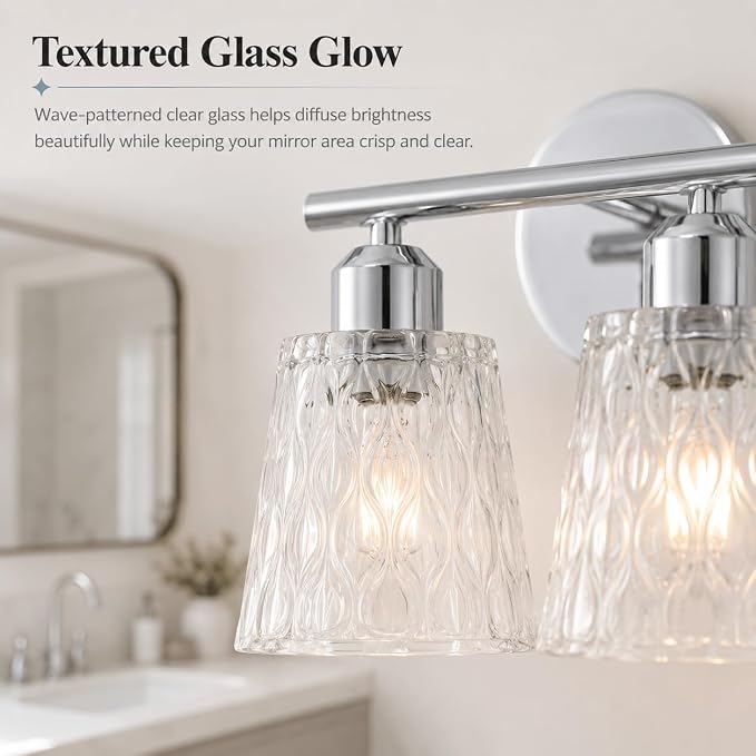 Chrome 3 Light Bathroom Vanity Lights with Textured Glass Shades, E26 Sockets, Bathroom Light Fixtures Over Mirror, Modern Lighting Fixtures Wall Lamp Vanity Lights