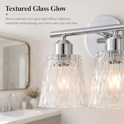 Chrome 3 Light Bathroom Vanity Lights with Textured Glass Shades, E26 Sockets, Bathroom Light Fixtures Over Mirror, Modern Lighting Fixtures Wall Lamp Vanity Lights