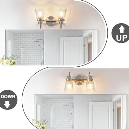 2-Light Brushed Nickel Bathroom Light Fixtures 13.8 Inch Vanity Lights for Bathroom Lighting Fixtures Over Mirror with Clear Striped Glass Shade for Bedroom Hallway Cabinet Porch