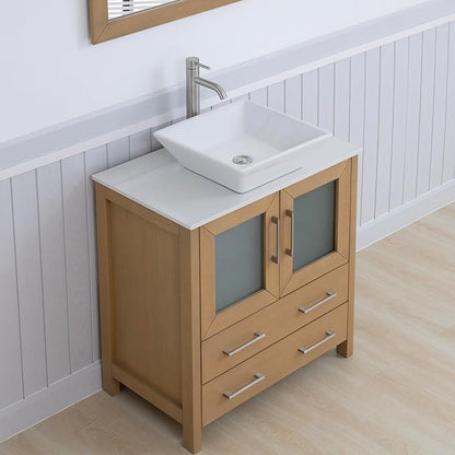 Vanity Art 30 Inch Vessel Single Sink Bathroom Vanity Cabinet with 1 Mirror, Engineered Marble Top Bathroom Cabinet Compact Set with 2 Dovetail Drawers and Soft Closing Doors, VA3130-NO