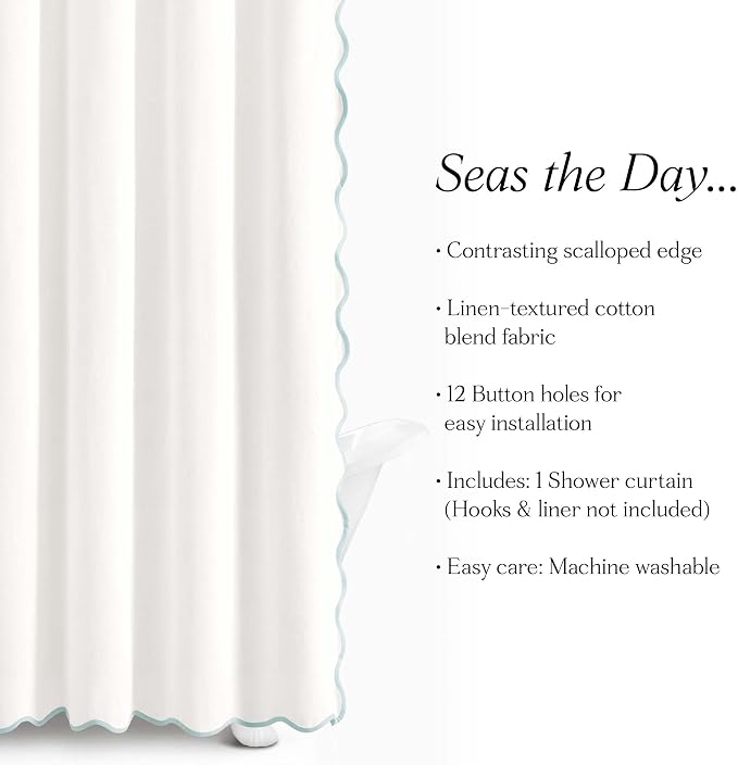 Lush Decor Coastal Chic Scallop Edge Linen-Textured Shower Curtain, Single 72" W x 72" L, Blue & White - Scalloped Shower Curtains - Coastal Bathroom Curtain
