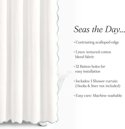 Lush Decor Coastal Chic Scallop Edge Linen-Textured Shower Curtain, Single 72" W x 72" L, Blue & White - Scalloped Shower Curtains - Coastal Bathroom Curtain