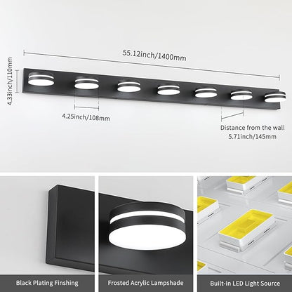 7-Light Bathroom Vanity Light Over Mirror, Matte Black LED Vanity Lighting Fixtures, Modern Bathroom Wall Light Fixtures with 360°Rotating Lamp Head (Cool White 5500K)