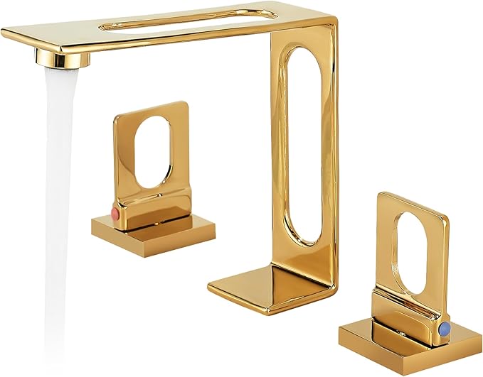 BAKALA Gold Bathroom Sink Faucet 3 Hole, 8-Inch Widespread Bathroom Faucet with 2 Water Supply Hoses, Hollowed Design