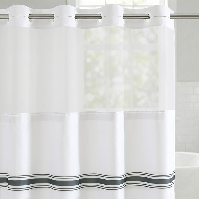 Americanflat 72x75 Hookless Shower Curtain - Water-Resistant Classic Stripe Shower Curtain with Sheer Panel, Snap-in Liner, and Durable Grommets - 100% Polyester - Black and White