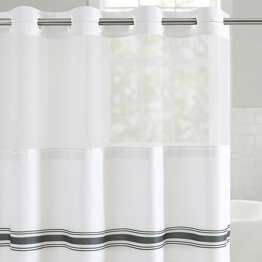 Americanflat 72x75 Hookless Shower Curtain - Water-Resistant Classic Stripe Shower Curtain with Sheer Panel, Snap-in Liner, and Durable Grommets - 100% Polyester - Black and White