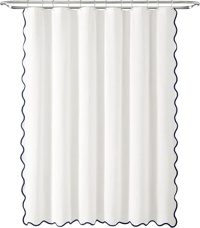 Lush Decor Coastal Chic Scallop Edge Linen-Textured Shower Curtain, Single 72" W x 72" L, Navy & White - Scalloped Shower Curtains - Coastal Bathroom Curtain