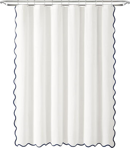 Lush Decor Coastal Chic Scallop Edge Linen-Textured Shower Curtain, Single 72" W x 72" L, Navy & White - Scalloped Shower Curtains - Coastal Bathroom Curtain