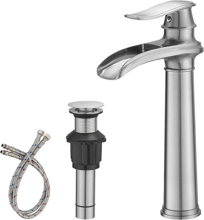 BWE Vessel Sink Faucet Brushed Nickel Tall Waterfall Bathroom Faucet Deck Mount Single Handle One Hole Lavatory Vanity Faucet with Pop Up Drain Assembly and Supply Hose
